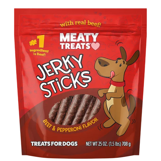 - Food for sterilized dogsMeaty Treats Beef & Pepperoni Flavor Jerky Sticks for Dogs Soft Dog Treats